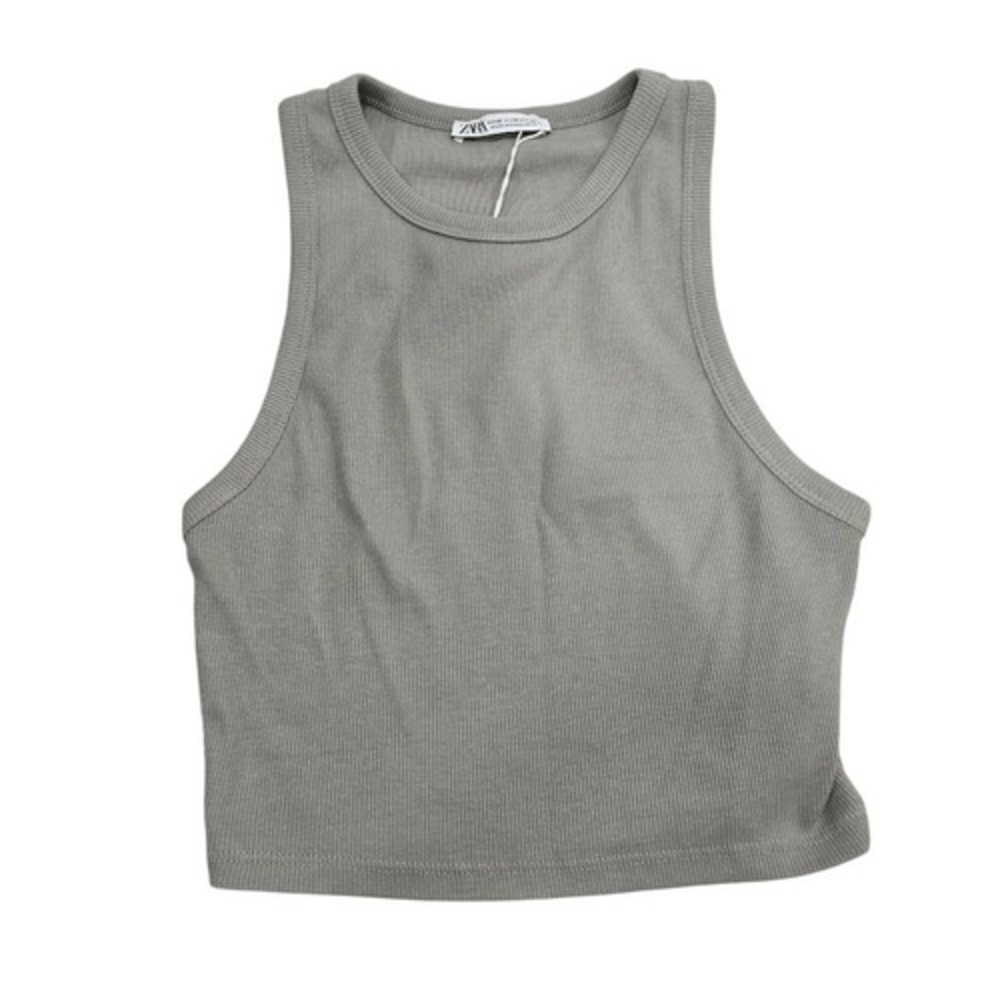 Zara Ribbed-Knit Cropped Tank‎ Top Women's Space Gray Medium Sleeveless Stretch